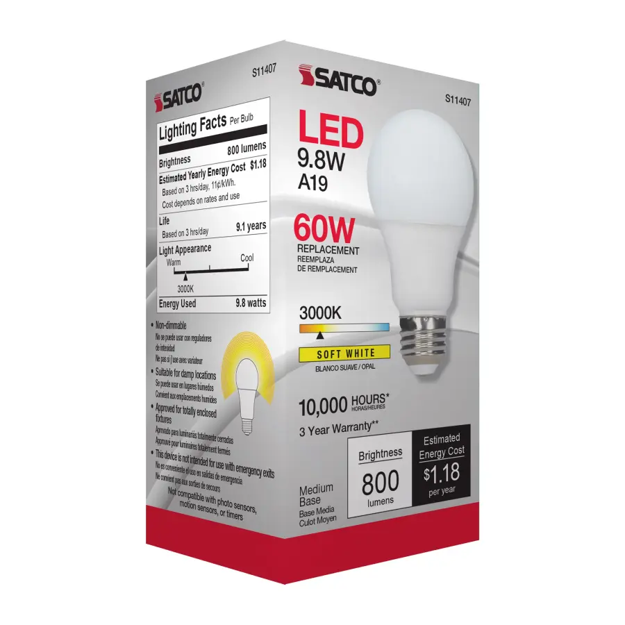 9.8 Watt - A19 LED - 3000K - Medium base - 220 deg. Beam Angle -120 Volt - Image 7