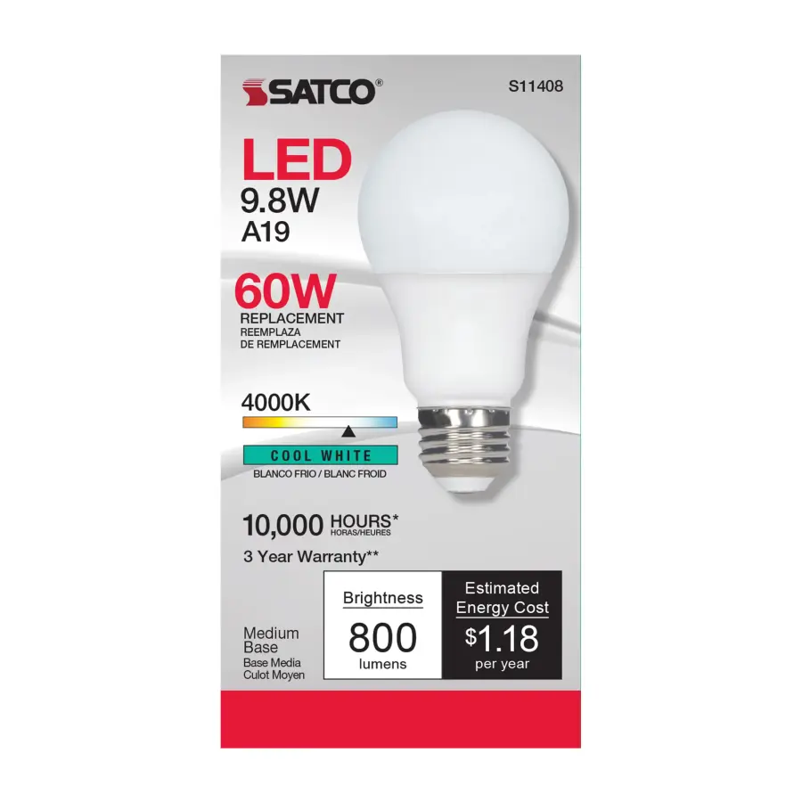 9.8 Watt - A19 LED - 4000K - Medium base - 220 deg. Beam Angle -120 Volt - Image 2