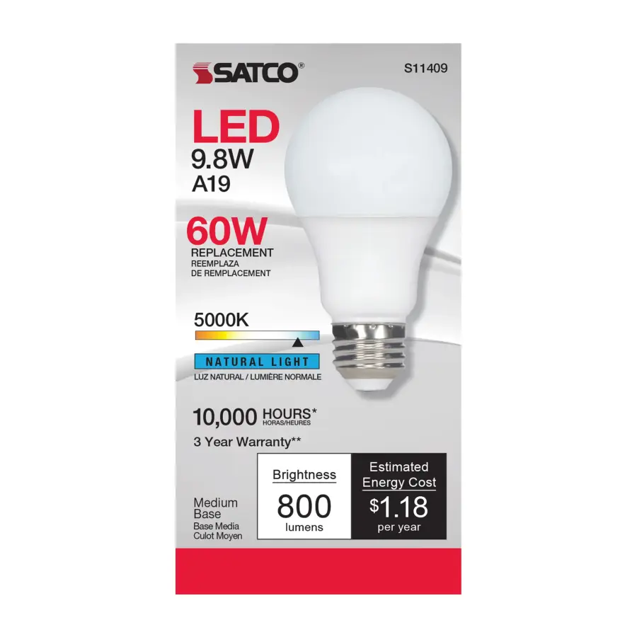 9.8 Watt - A19 LED - 5000K - Medium base - 220 deg. Beam Angle -120 Volt - Image 2