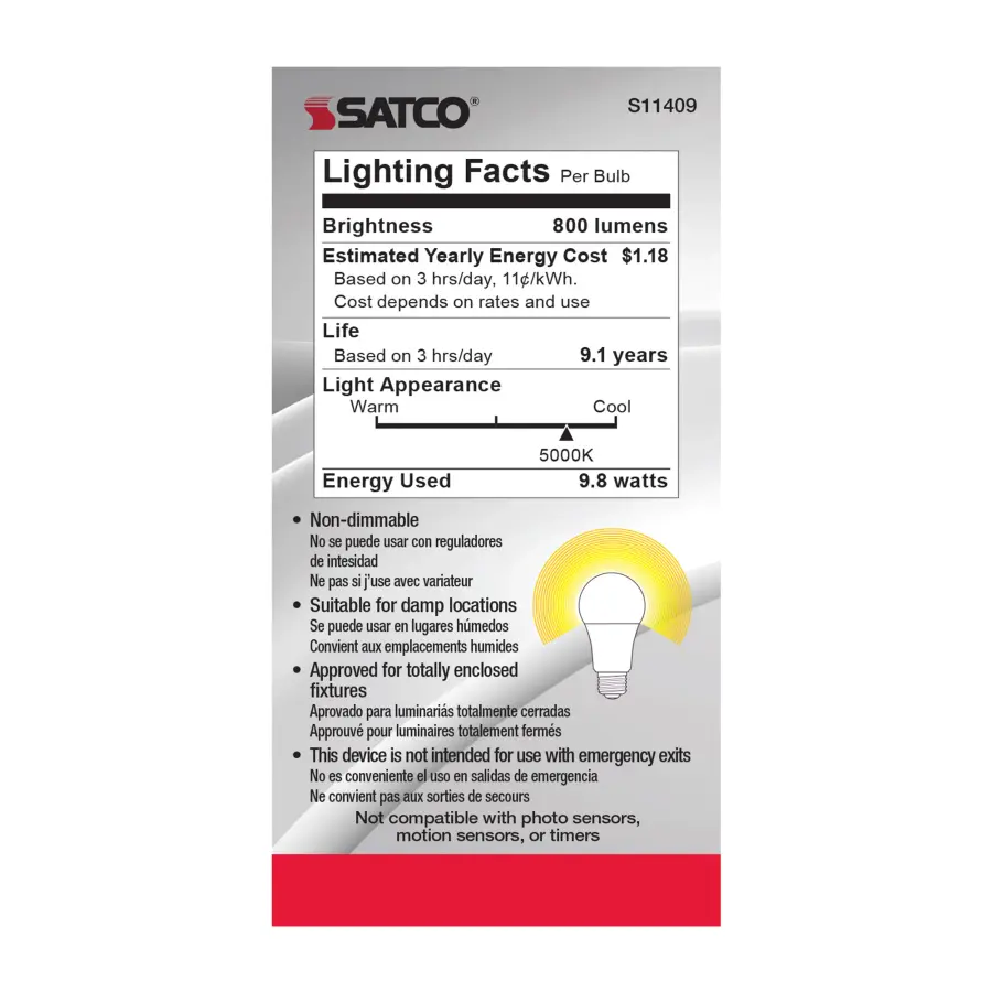 9.8 Watt - A19 LED - 5000K - Medium base - 220 deg. Beam Angle -120 Volt - Image 5