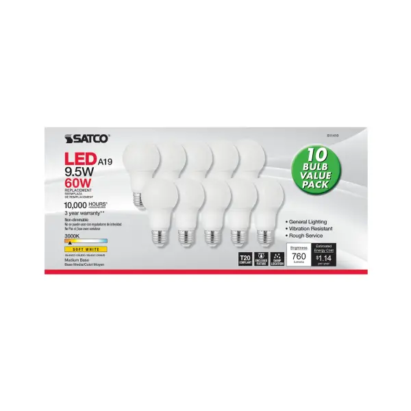 Satco's 9.5-watt LED lamp is traditional, yet contemporary with its sleek finish and energy saving LED technology. Elegantly illuminate any room in the house with this 10 pack of stylish white bulbs. Sophisticated and modern, this lamp delivers 10,000 hours of warm white light. - alternate view