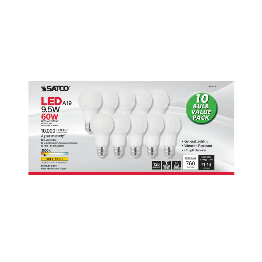 9.5 Watt A19 LED - 3000K - Medium base - 220 deg. Beam Angle - 10-pack - Image 2