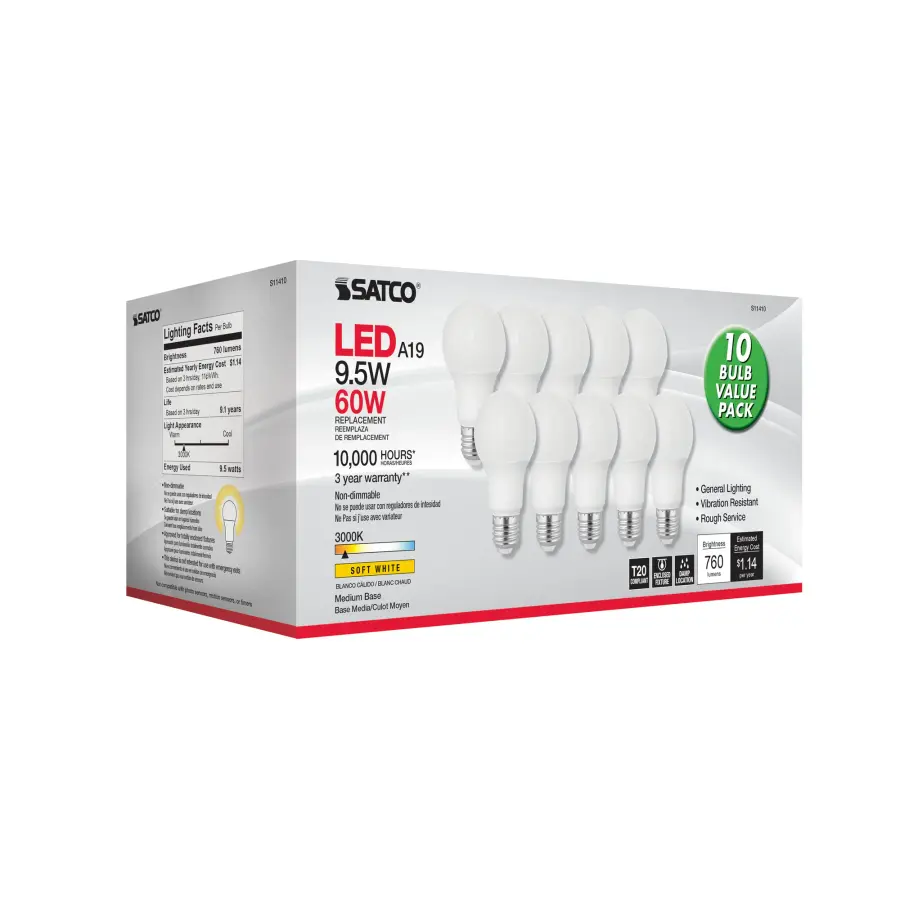 9.5 Watt A19 LED - 3000K - Medium base - 220 deg. Beam Angle - 10-pack - Image 3