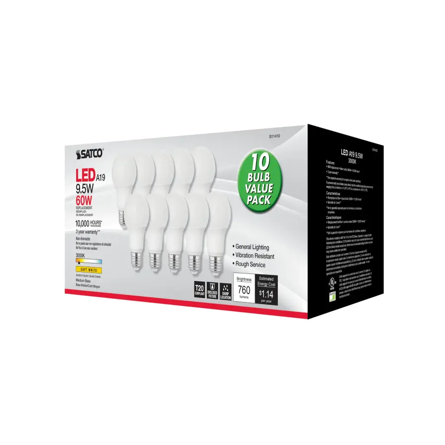 9.5 Watt A19 LED - 3000K - Medium base - 220 deg. Beam Angle - 10-pack - Image 4