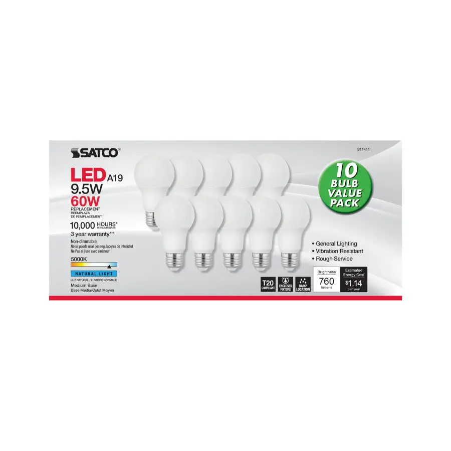 9.5 Watt A19 LED - 5000K - Medium base - 220 deg. Beam Angle - 10-pack - Image 2