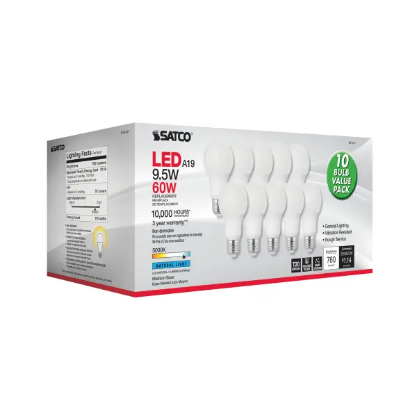 9.5 Watt A19 LED - 5000K - Medium base - 220 deg. Beam Angle - 10-pack - Image 3