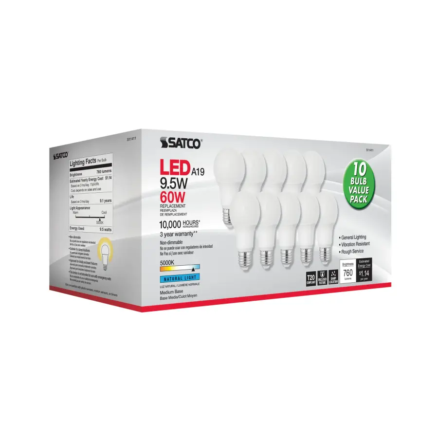 9.5 Watt A19 LED - 5000K - Medium base - 220 deg. Beam Angle - 10-pack - Image 3