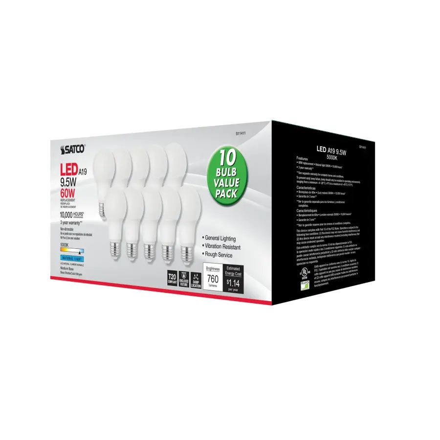 9.5 Watt A19 LED - 5000K - Medium base - 220 deg. Beam Angle - 10-pack - Image 4