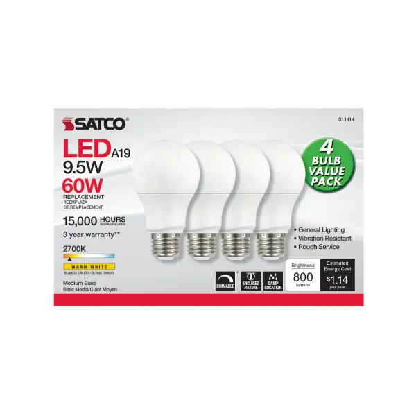 Satco's 9.5-watt LED lamp is traditional, yet contemporary with its sleek finish and energy saving LED technology. Elegantly illuminate any room in the house with this 4 pack of dimmable white bulbs. Sophisticated and modern, this lamp delivers 15,000 hours of cool white light. - alternate view