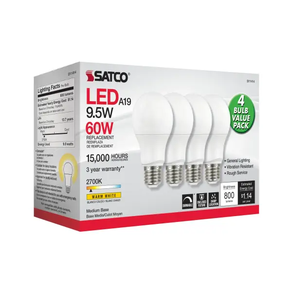 9.5 Watt A19 LED - 2700K - Dimmable - Medium base - 230 deg. Beam Angle - 4-pack - Image 3