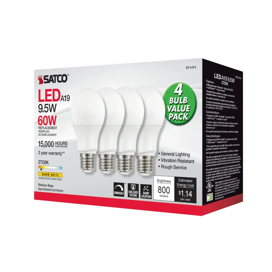 9.5 Watt A19 LED - 2700K - Dimmable - Medium base - 230 deg. Beam Angle - 4-pack - Image 4