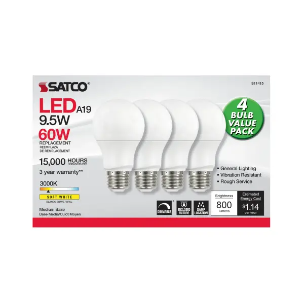 Satco's 9.5-watt LED lamp is traditional, yet contemporary with its sleek finish and energy saving LED technology. Elegantly illuminate any room in the house with this 4 pack of dimmable white bulbs. Sophisticated and modern, this lamp delivers 15,000 hours of soft white light. - alternate view
