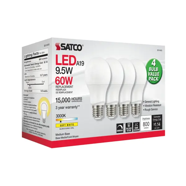 9.5 Watt A19 LED - 3000K - Dimmable - Medium base - 230 deg. Beam Angle - 4-pack - Image 3