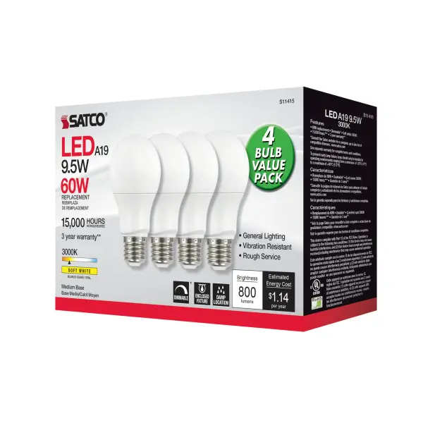 9.5 Watt A19 LED - 3000K - Dimmable - Medium base - 230 deg. Beam Angle - 4-pack - Image 4
