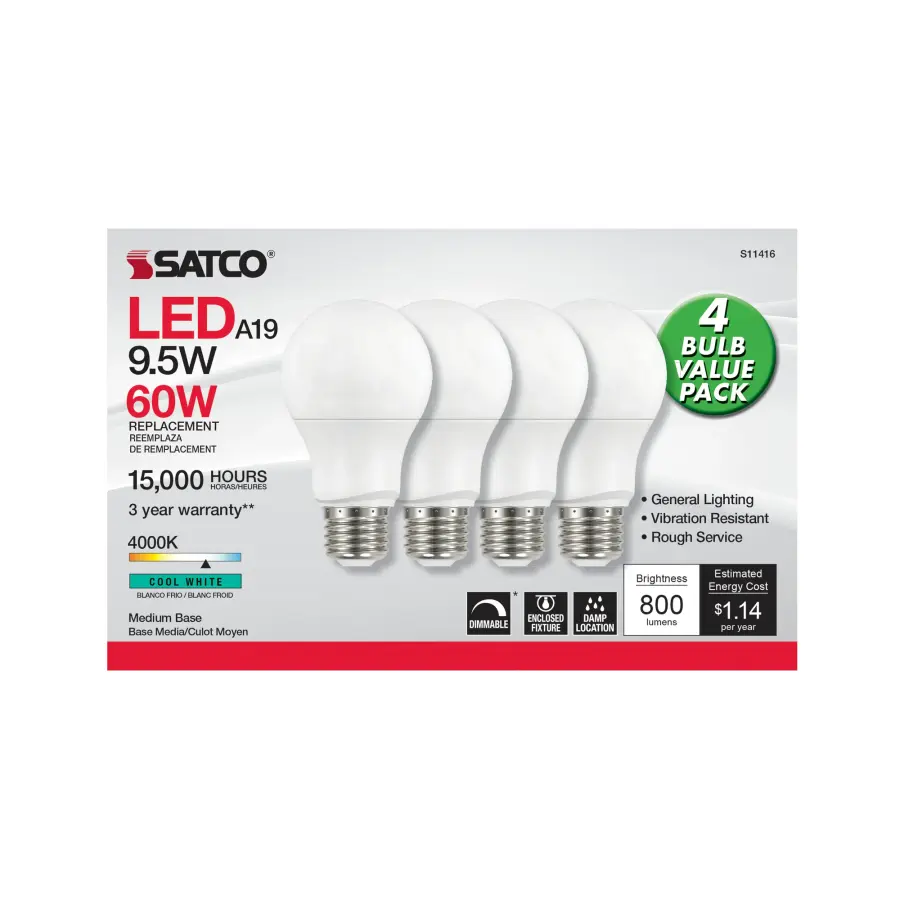 9.5 Watt A19 LED - 4000K - Dimmable - Medium base - 230 deg. Beam Angle - 4-pack - Image 2