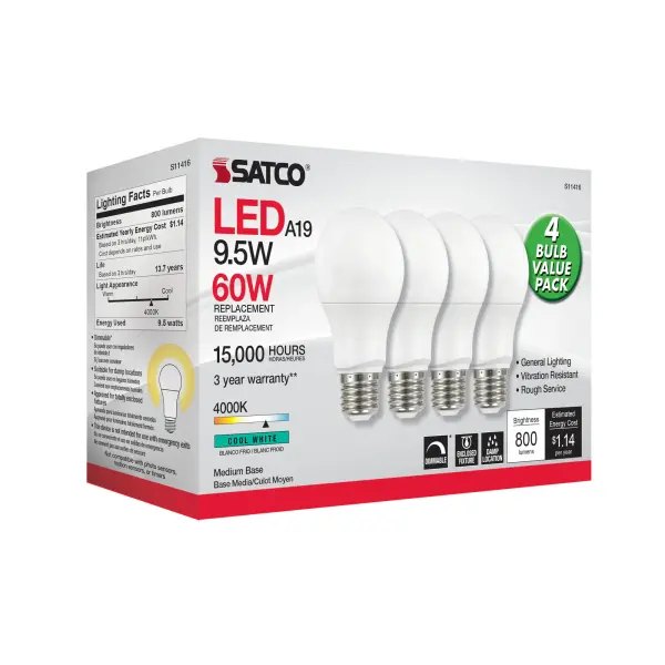 9.5 Watt A19 LED - 4000K - Dimmable - Medium base - 230 deg. Beam Angle - 4-pack - Image 3