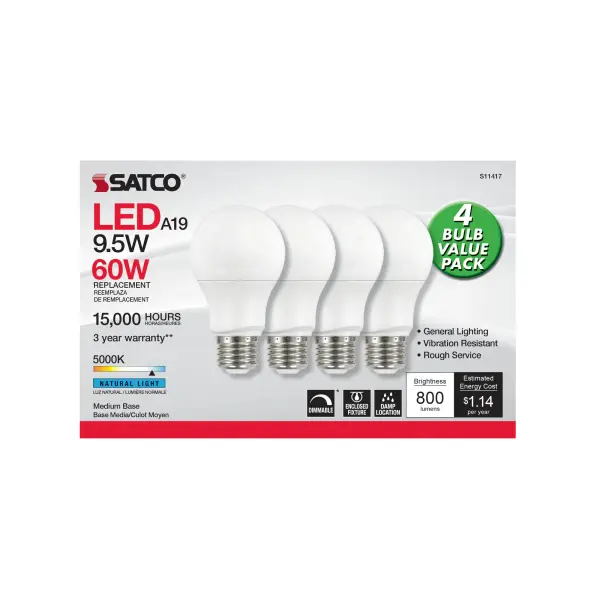 Satco's 9.5-watt LED lamp is traditional, yet contemporary with its sleek finish and energy saving LED technology. Elegantly illuminate any room in the house with this 4 pack of dimmable white bulbs. Sophisticated and modern, this lamp delivers 15,000 hours of natural white light. - alternate view