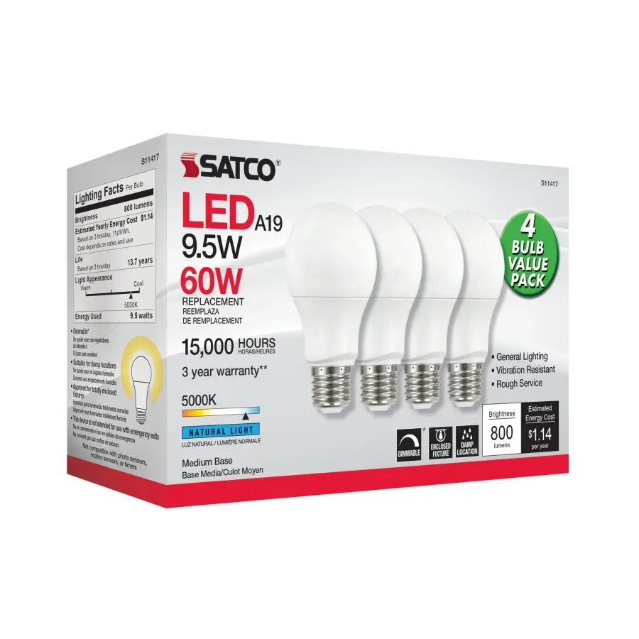 9.5 Watt A19 LED - 5000K - Dimmable - Medium base - 230 deg. Beam Angle - 4-pack - Image 3