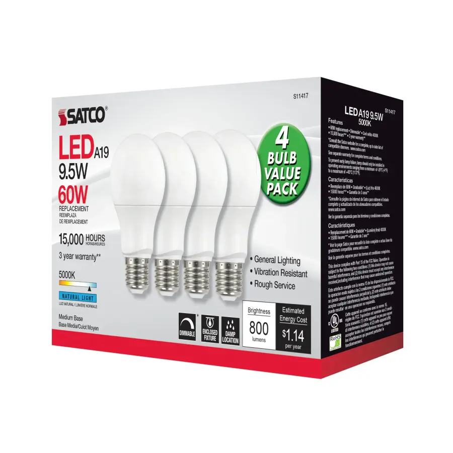 9.5 Watt A19 LED - 5000K - Dimmable - Medium base - 230 deg. Beam Angle - 4-pack - Image 4