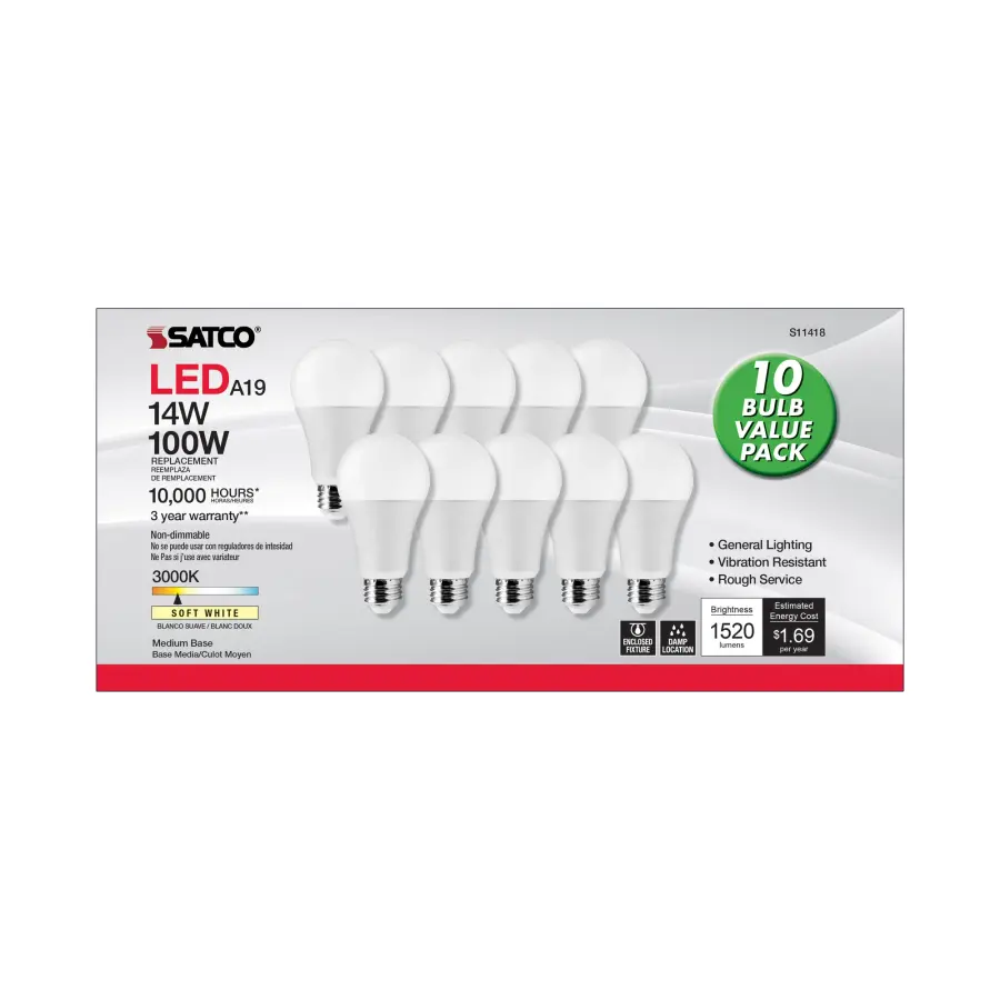 14 Watt A19 LED - 3000K - 100 Watt Replacement - Medium base - 220 deg. Beam Angle - 10-Pack - Image 3
