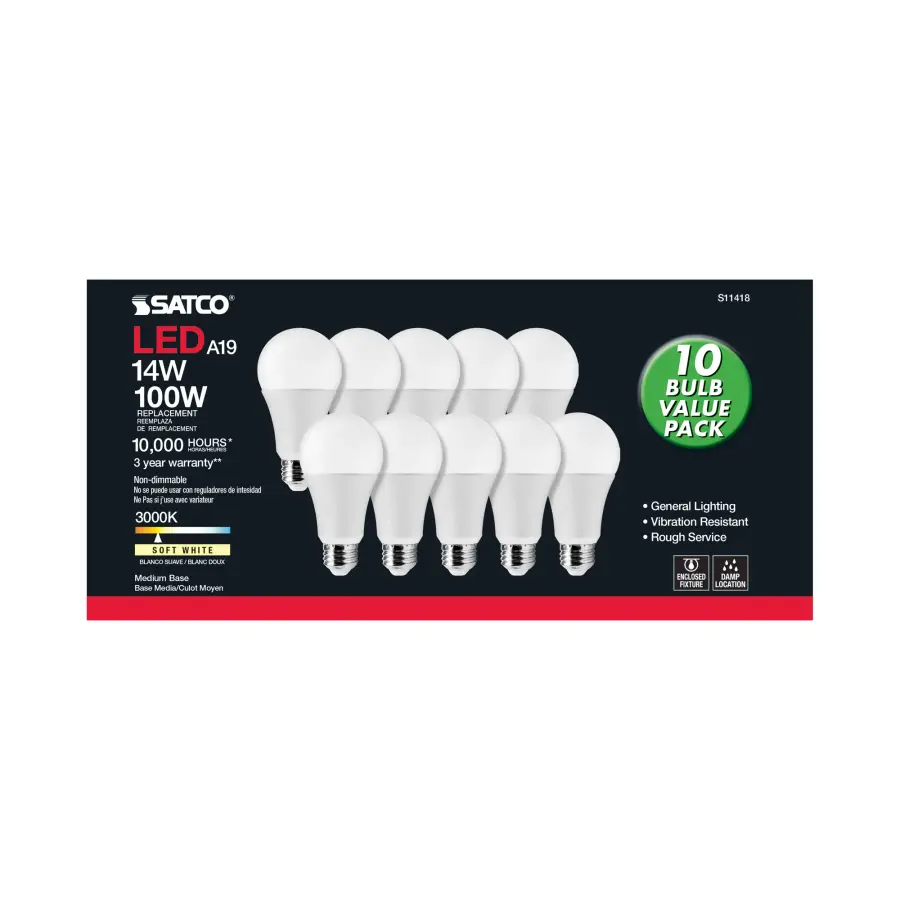 14 Watt A19 LED - 3000K - 100 Watt Replacement - Medium base - 220 deg. Beam Angle - 10-Pack - Image 4