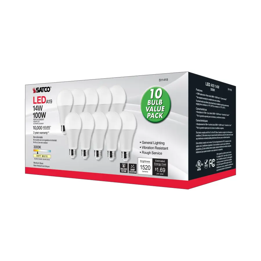 14 Watt A19 LED - 3000K - 100 Watt Replacement - Medium base - 220 deg. Beam Angle - 10-Pack - Image 5