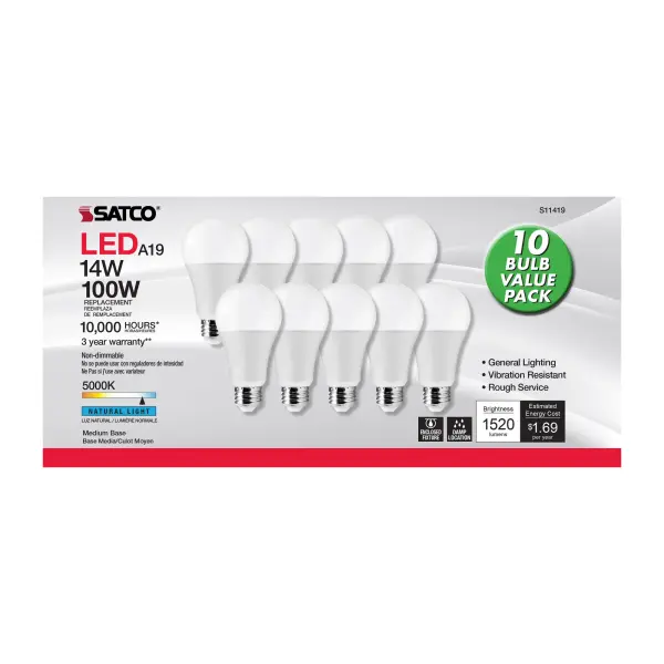 14 Watt A19 LED - 5000K - 100 Watt Replacement - Medium base - 220 deg. Beam Angle - 10-Pack - Image 3