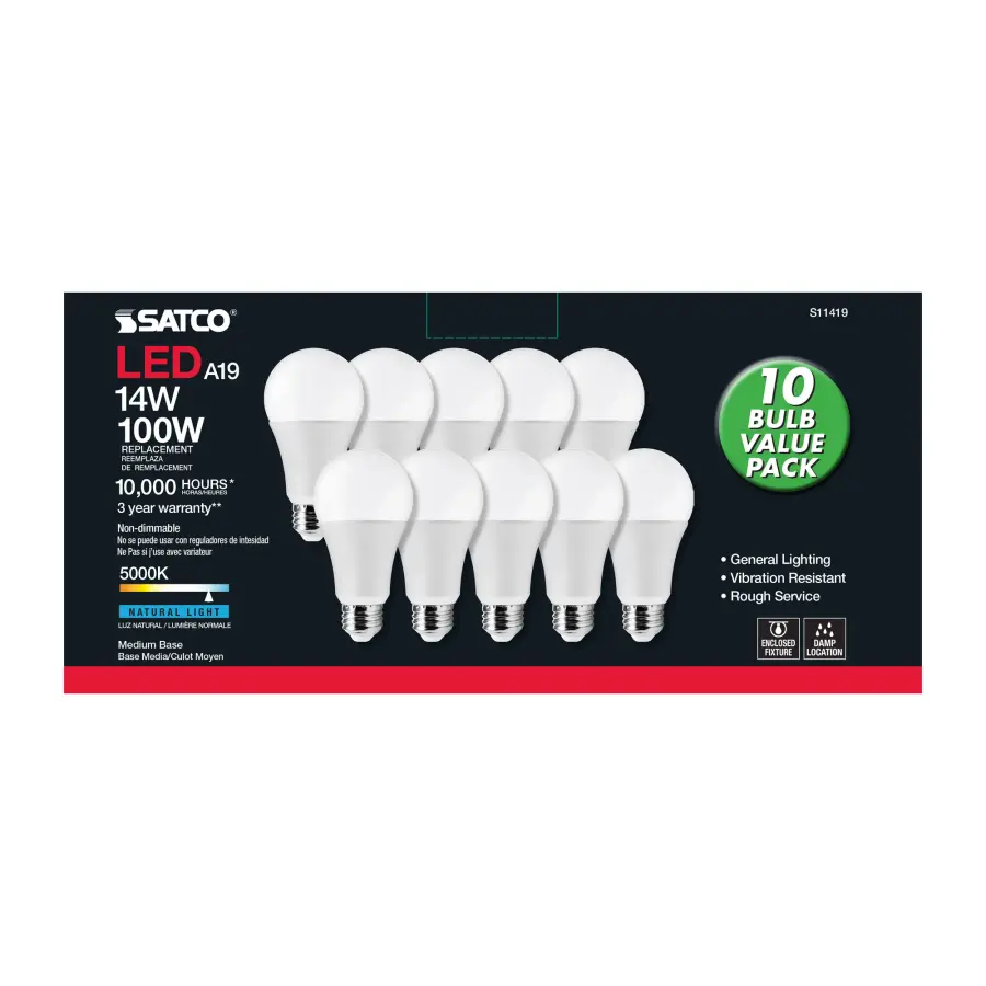 14 Watt A19 LED - 5000K - 100 Watt Replacement - Medium base - 220 deg. Beam Angle - 10-Pack - Image 4