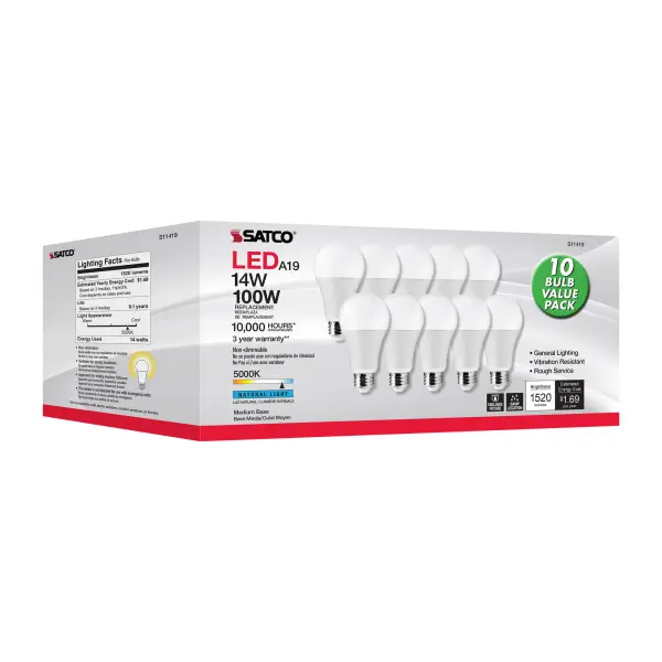 14 Watt A19 LED - 5000K - 100 Watt Replacement - Medium base - 220 deg. Beam Angle - 10-Pack - Image 7