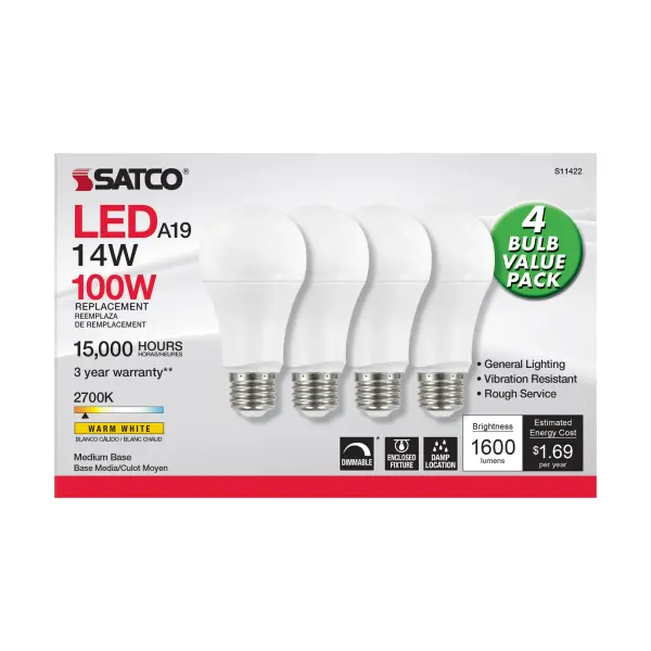 Satco's 14-watt LED lamp is traditional, yet contemporary with its sleek finish and energy saving LED technology. Elegantly illuminate any room in the house with this 4 pack of dimmable white bulbs. Sophisticated and modern, this lamp delivers 15,000 hours of warm white light. - alternate view