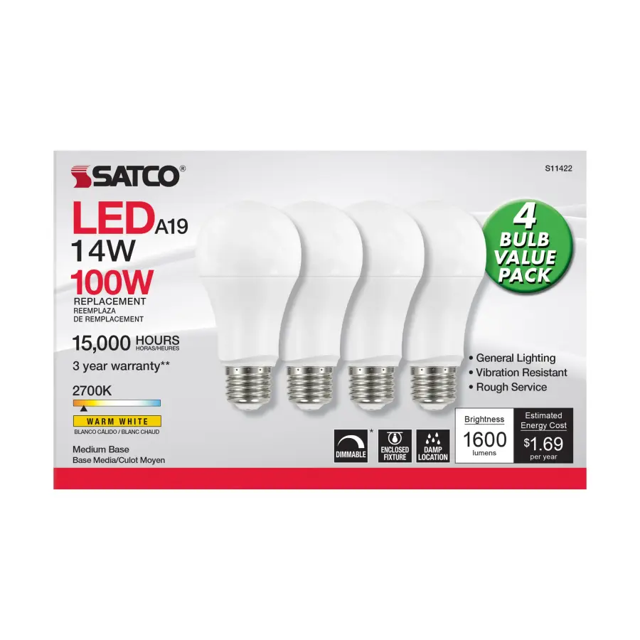 14 Watt A19 LED - 2700K - Dimmable - Medium base - 230 deg. Beam Angle - 4-pack - Image 2