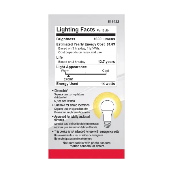 14 Watt A19 LED - 2700K - Dimmable - Medium base - 230 deg. Beam Angle - 4-pack - Image 5