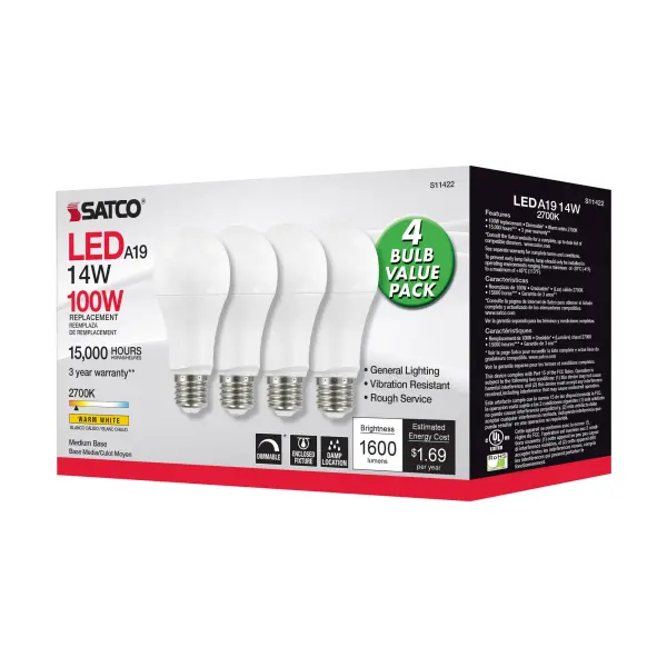 14 Watt A19 LED - 2700K - Dimmable - Medium base - 230 deg. Beam Angle - 4-pack - Image 6