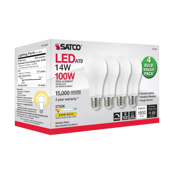 14 Watt A19 LED - 2700K - Dimmable - Medium base - 230 deg. Beam Angle - 4-pack - Image 7