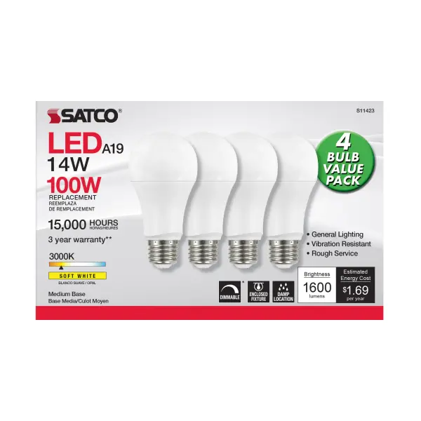 Satco's 14-watt LED lamp is traditional, yet contemporary with its sleek finish and energy saving LED technology. Elegantly illuminate any room in the house with this 4 pack of dimmable white bulbs. Sophisticated and modern, this lamp delivers 15,000 hours of soft white light. - alternate view