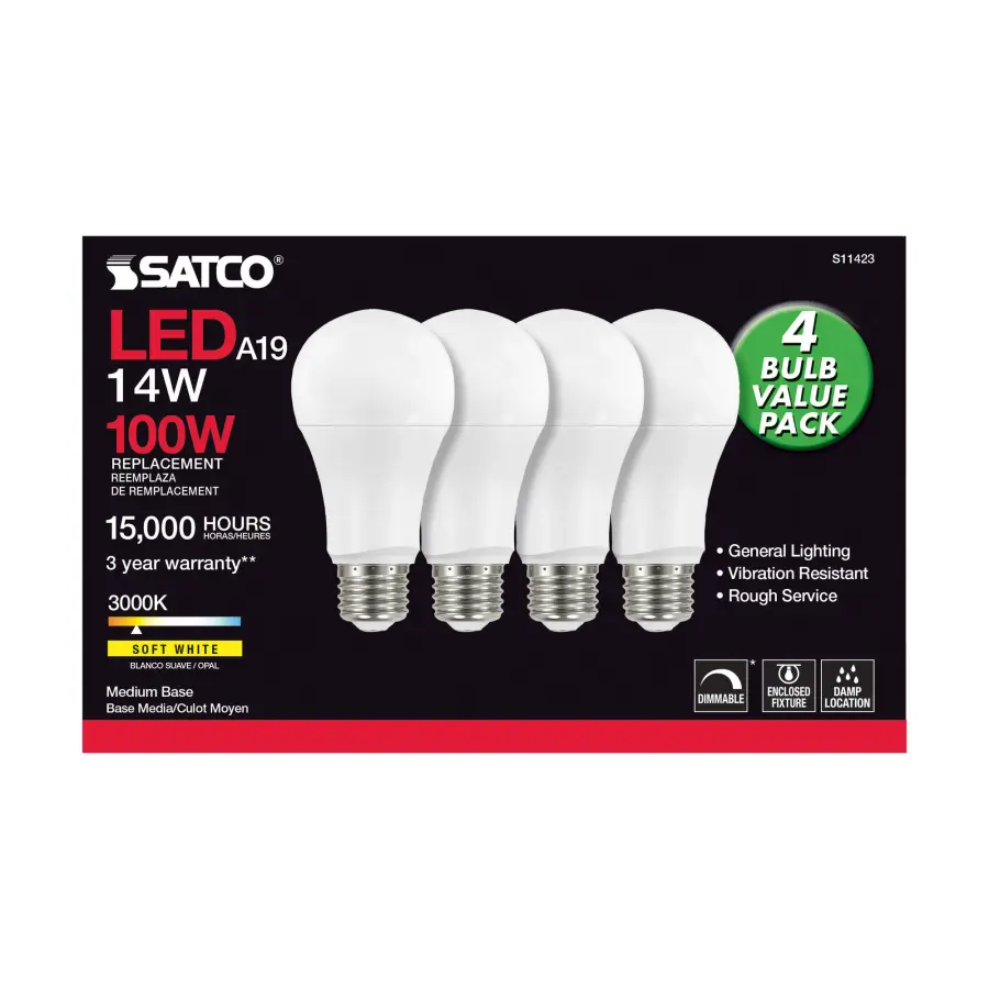 14 Watt A19 LED - 3000K - Dimmable - Medium base - 230 deg. Beam Angle - 4-pack - Image 3