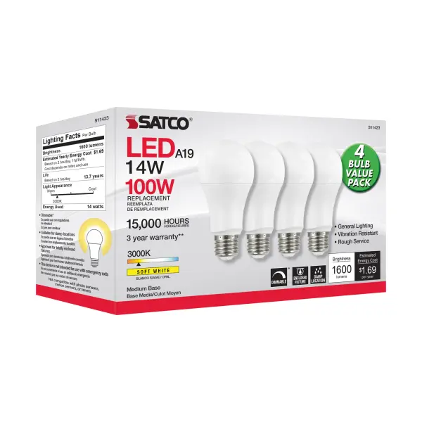 14 Watt A19 LED - 3000K - Dimmable - Medium base - 230 deg. Beam Angle - 4-pack - Image 7