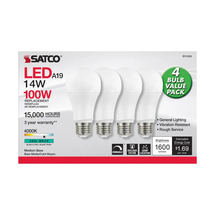 14 Watt A19 LED - 4000K - Dimmable - Medium base - 230 deg. Beam Angle - 4-pack - Image 2