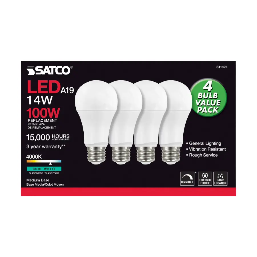 14 Watt A19 LED - 4000K - Dimmable - Medium base - 230 deg. Beam Angle - 4-pack - Image 3