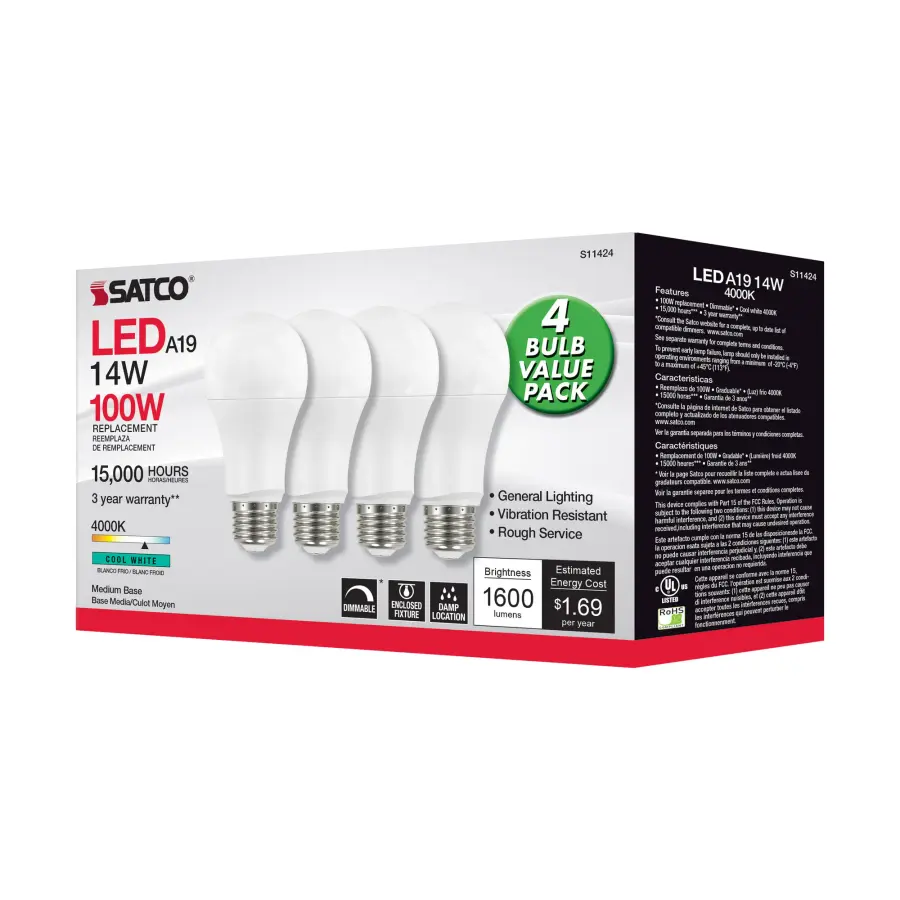 14 Watt A19 LED - 4000K - Dimmable - Medium base - 230 deg. Beam Angle - 4-pack - Image 6