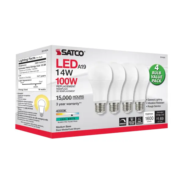 14 Watt A19 LED - 4000K - Dimmable - Medium base - 230 deg. Beam Angle - 4-pack - Image 7
