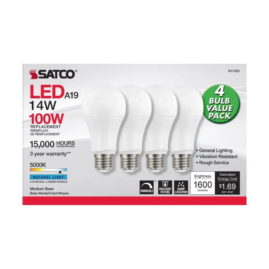 14 Watt A19 LED - 5000K - Dimmable - Medium base - 230 deg. Beam Angle - 4-pack - Image 2