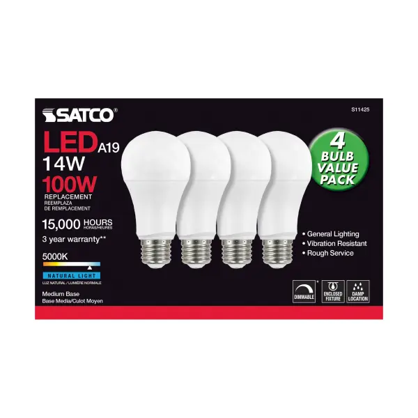 14 Watt A19 LED - 5000K - Dimmable - Medium base - 230 deg. Beam Angle - 4-pack - Image 3