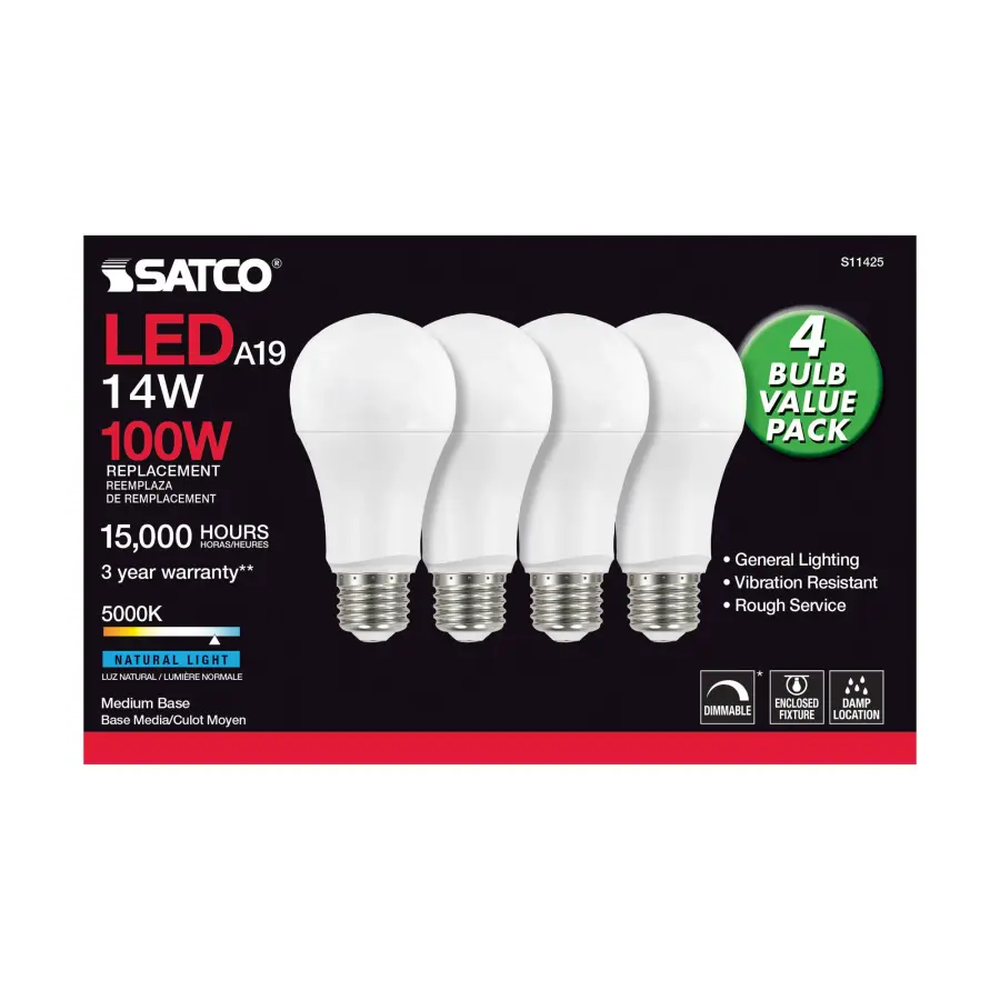 14 Watt A19 LED - 5000K - Dimmable - Medium base - 230 deg. Beam Angle - 4-pack - Image 3