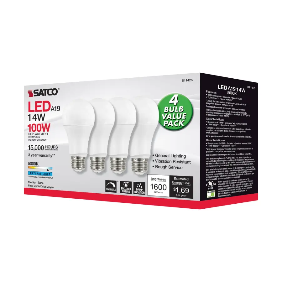 14 Watt A19 LED - 5000K - Dimmable - Medium base - 230 deg. Beam Angle - 4-pack - Image 6
