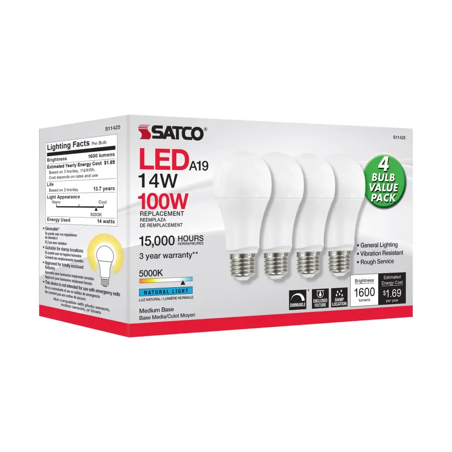 14 Watt A19 LED - 5000K - Dimmable - Medium base - 230 deg. Beam Angle - 4-pack - Image 7