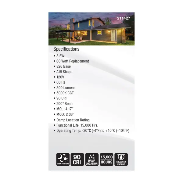 8.5 Watt - A19 LED - Dusk to Dawn With PhotoCell - 5000K - Medium base - 200 deg. Beam Angle - 120 Volt - Image 6