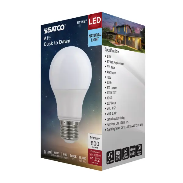 8.5 Watt - A19 LED - Dusk to Dawn With PhotoCell - 5000K - Medium base - 200 deg. Beam Angle - 120 Volt - Image 8