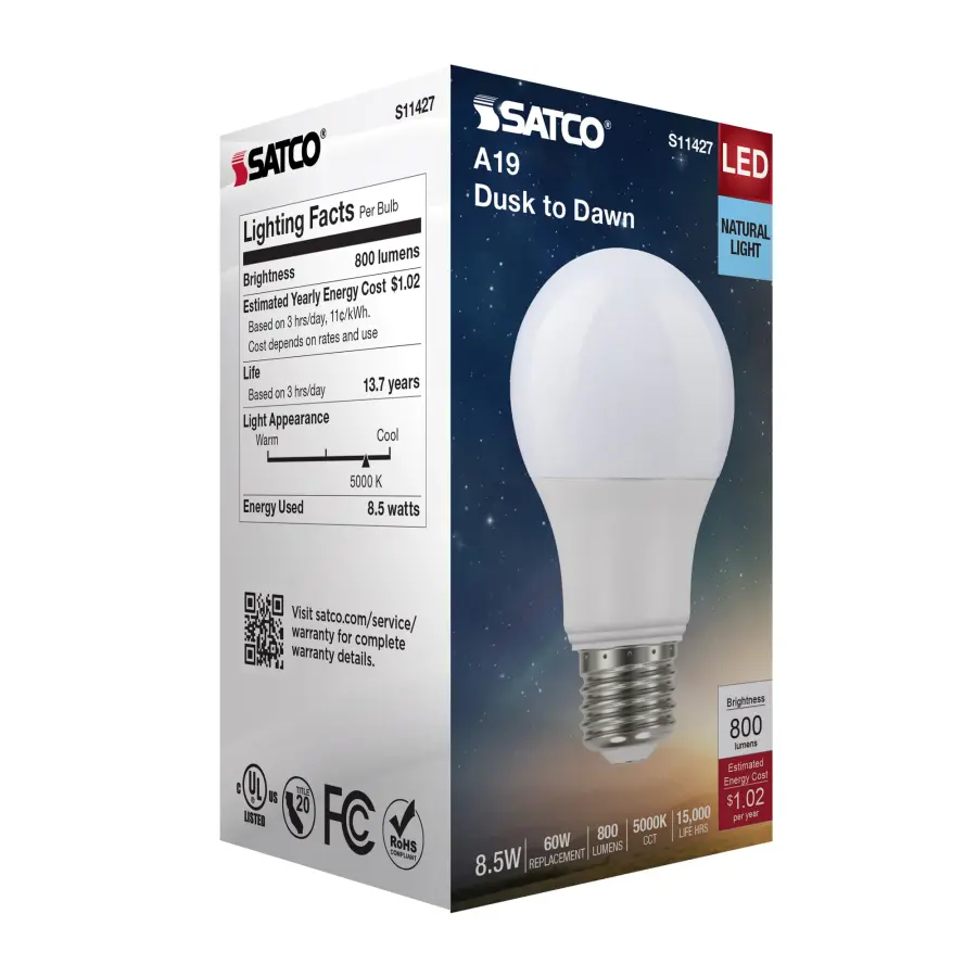 8.5 Watt - A19 LED - Dusk to Dawn With PhotoCell - 5000K - Medium base - 200 deg. Beam Angle - 120 Volt - Image 9