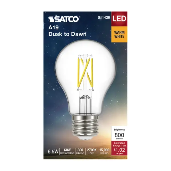 6.5 Watt - A19 LED Filament - Dusk to Dawn With PhotoCell - 2700K - Medium base - 320 deg. Beam Angle - 120 Volt - Image 3